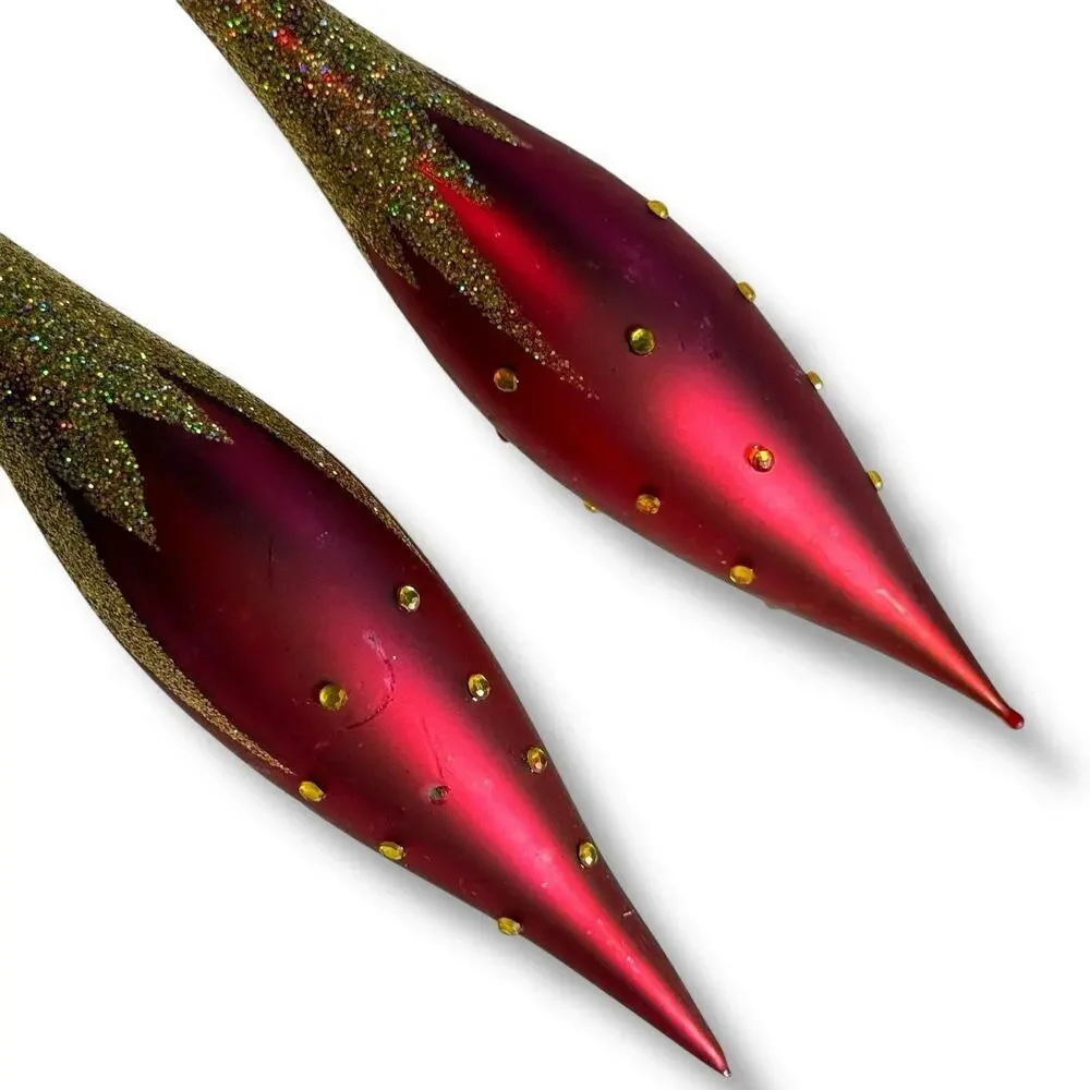2 VTG Blown Glass Red Gold Glitter Rhinestone Icicle Oblong Christmas Ornaments